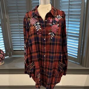 Johnny Was Multicolor Embroidered Plaid Shirt